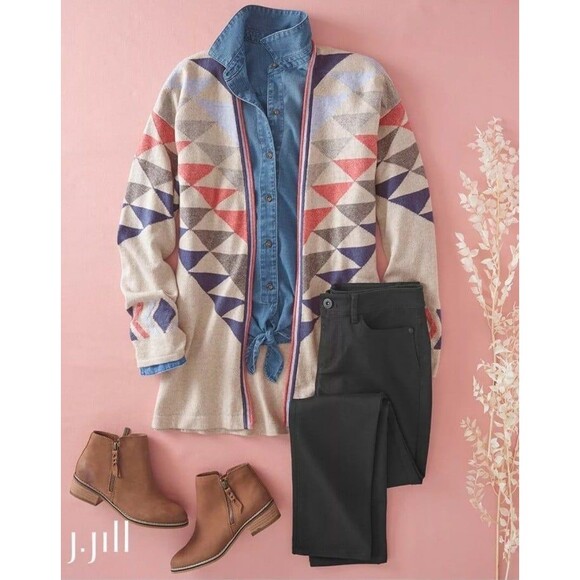 J.Jill Intarsia Aztec southwestern boho open front cardigan. - Picture 4 of 11